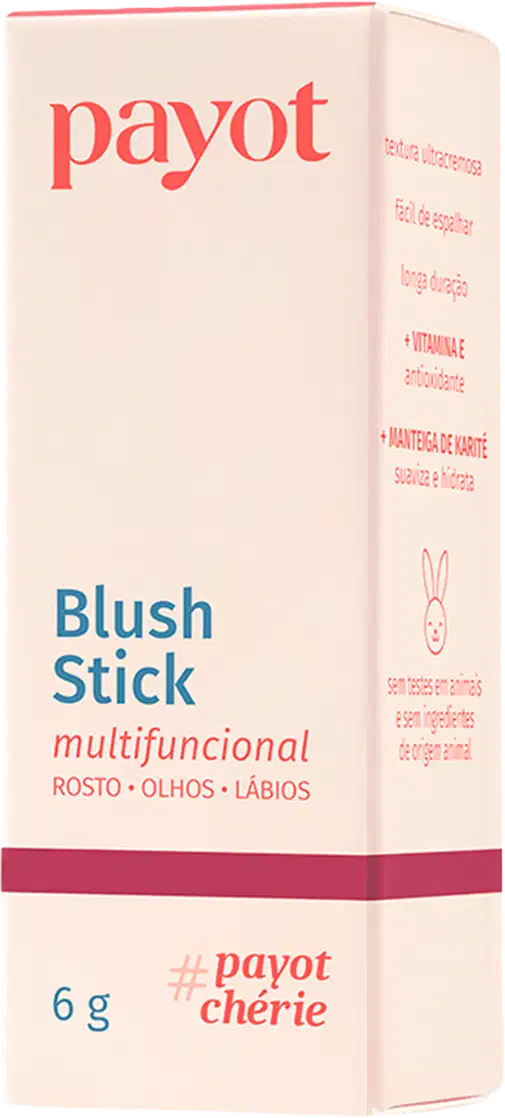 Caixa de papelão rosa com logotipo da marca Payot, contendo um item de maquiagem em formato de bastão, com rótulo indicando "Blush Stick multifuncional" para uso em rosto, olhos e lábios.
