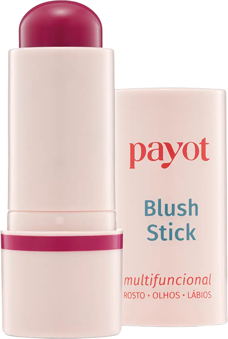 Bastão de blush rosa da marca Payot, com embalagem branca e vermelha, apresentando texto legível "Blush Stick" e "multifuncional" na parte frontal.