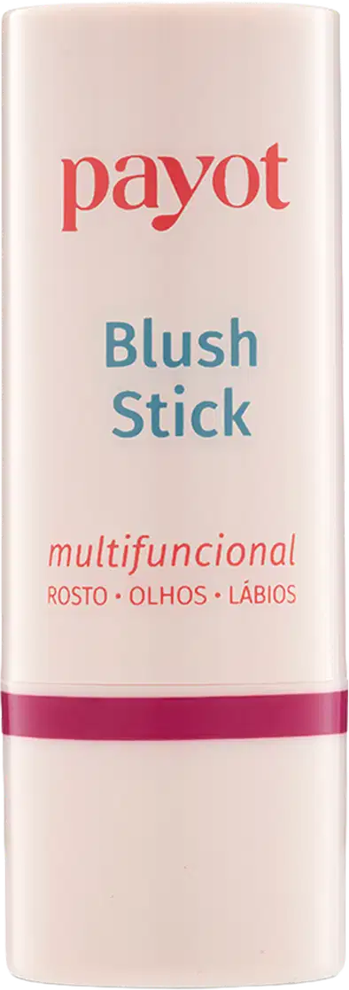 Embalagem branca cilíndrica com rótulo vermelho e azul da marca Payot, contendo um item de maquiagem chamado Blush Stick, com texto indicando ser um produto multifuncional para rosto, olhos e lábios.