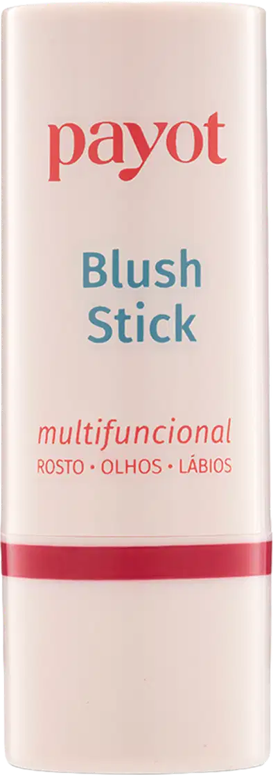 Embalagem branca cilíndrica com rótulo vermelho e azul da marca Payot, contendo um item de maquiagem chamado Blush Stick, com texto indicando ser um produto multifuncional para rosto, olhos e lábios.