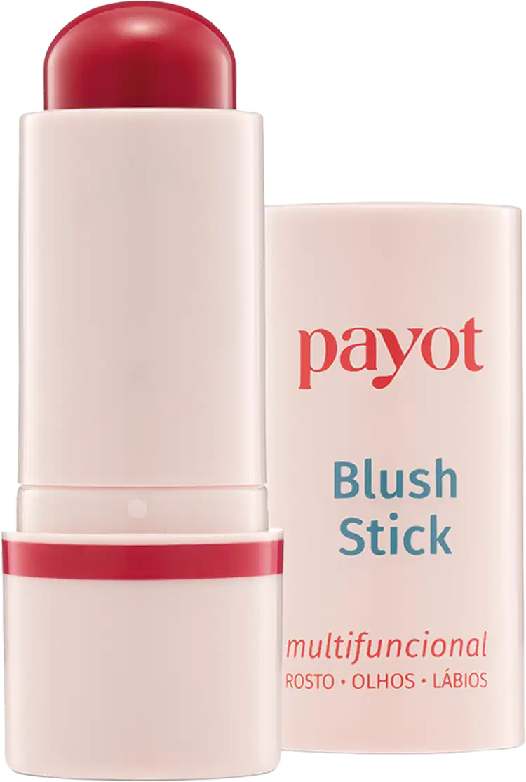 Bastão de blush rosa da marca Payot, com embalagem branca e vermelha, apresentando texto legível "Blush Stick" e "multifuncional" na parte frontal.