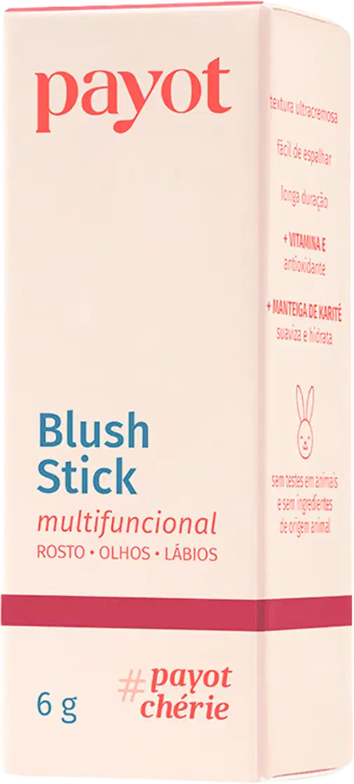 Caixa de papelão rosa com logotipo da marca Payot, contendo um item de maquiagem em formato de bastão, com rótulo indicando "Blush Stick multifuncional" para uso em rosto, olhos e lábios.
