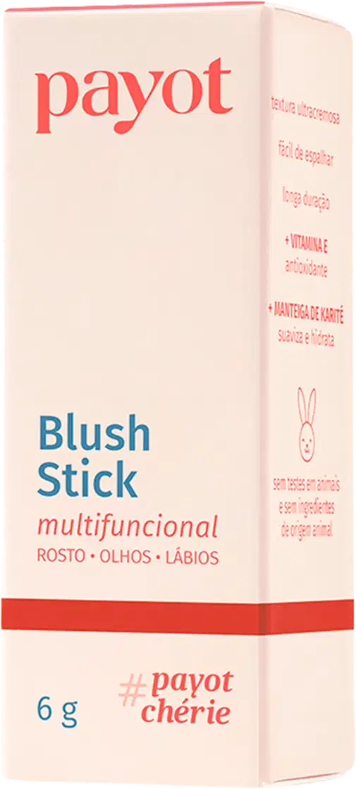 Caixa de papelão rosa com logotipo da marca Payot, contendo um item de maquiagem em formato de bastão, com rótulo indicando "Blush Stick multifuncional" para uso em rosto, olhos e lábios.