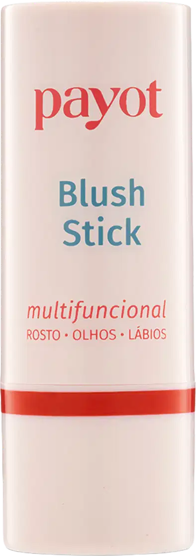 Embalagem branca cilíndrica com rótulo vermelho e azul da marca Payot, contendo um item de maquiagem chamado Blush Stick, com texto indicando ser um produto multifuncional para rosto, olhos e lábios.