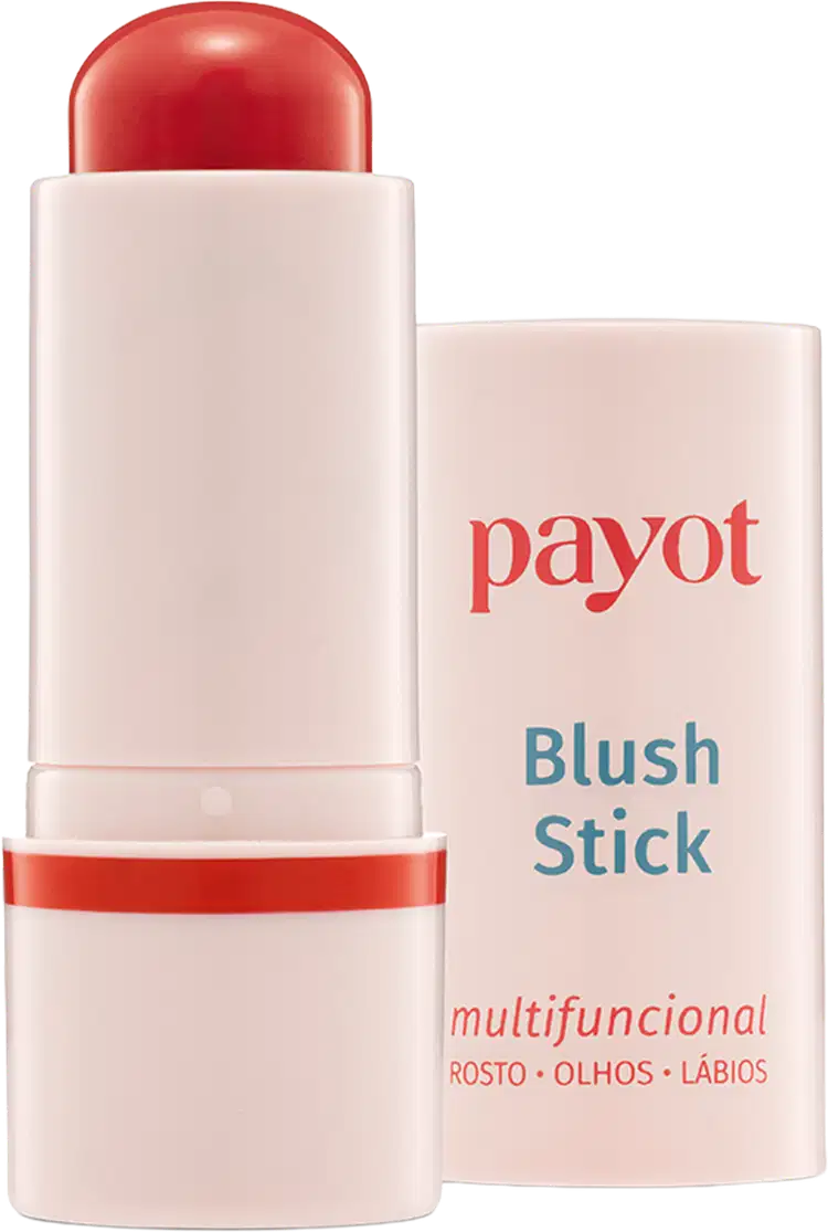 Bastão de blush rosa da marca Payot, com embalagem branca e vermelha, apresentando texto legível "Blush Stick" e "multifuncional" na parte frontal.