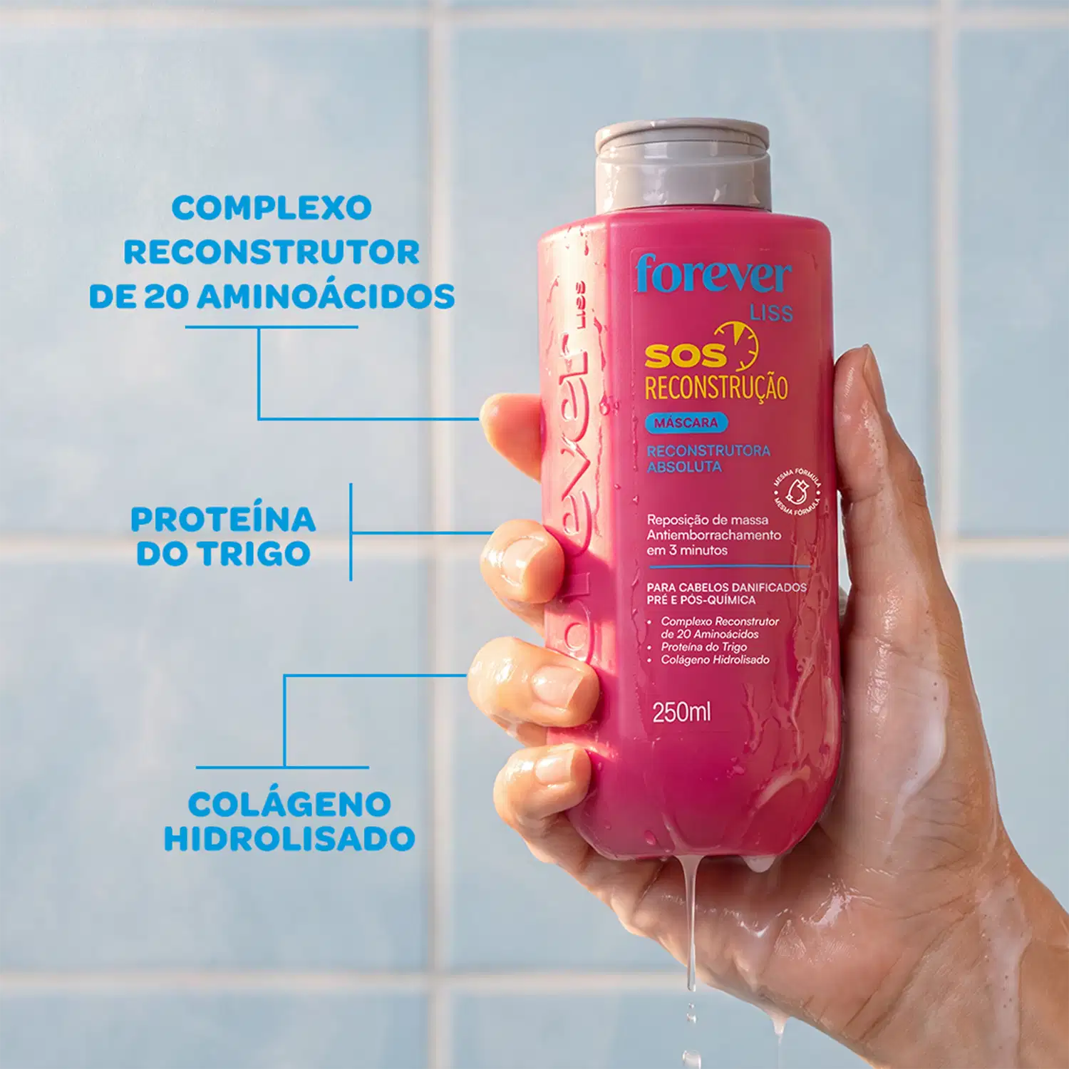 Frasco rosa da marca Forever Liss contendo um complexo reconstrutor de 20 aminoácidos, proteína do trigo e colágeno hidrolisado, indicado para cabelos danificados.