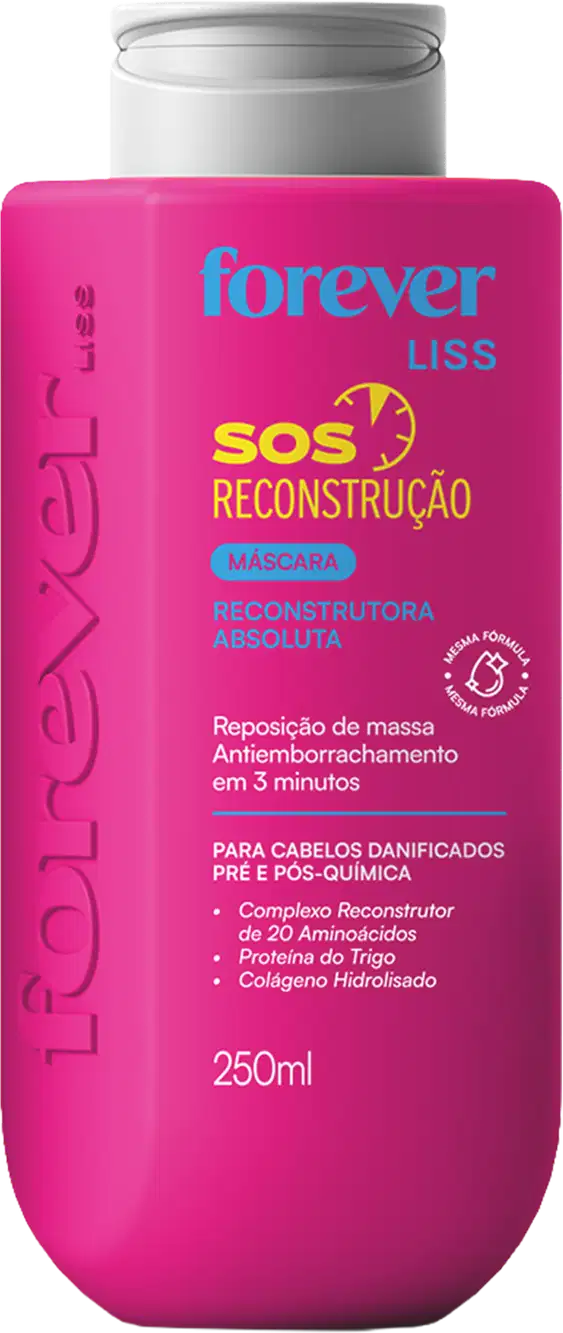 Frasco rosa de 250ml da máscara reconstrutora absoluta da linha SOS Reconstrução da Forever Liss, com informações sobre seus principais ingredientes e benefícios para cabelos danificados.