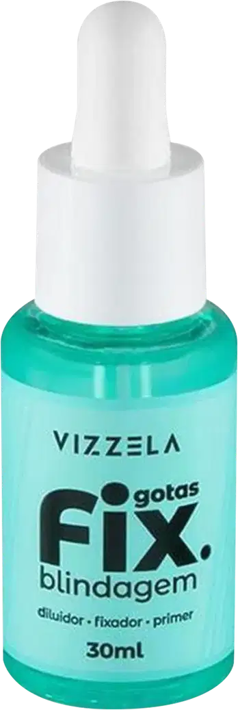 Frasco de vidro com conta-gotas contendo um líquido verde-azulado, com o rótulo "Vizzela Gotas Fix Blindagem" em letras pretas e brancas sobre fundo preto.