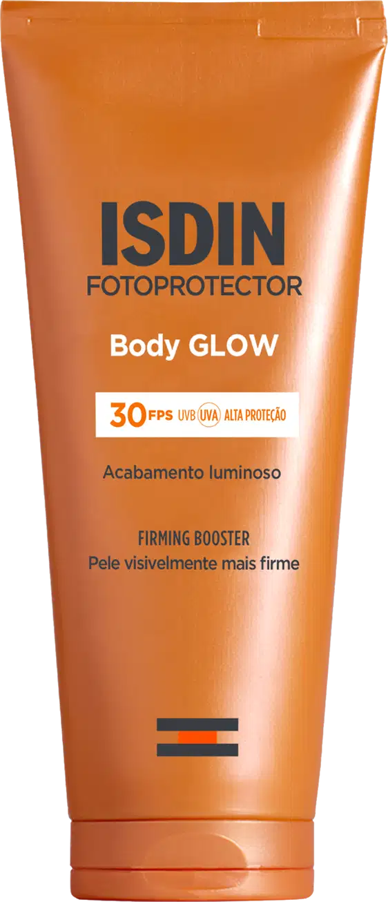 Bisnaga laranja de Body Glow Fotoprotector ISDIN SPF 30 com acabamento luminoso e firming booster, texto em preto e branco na embalagem.