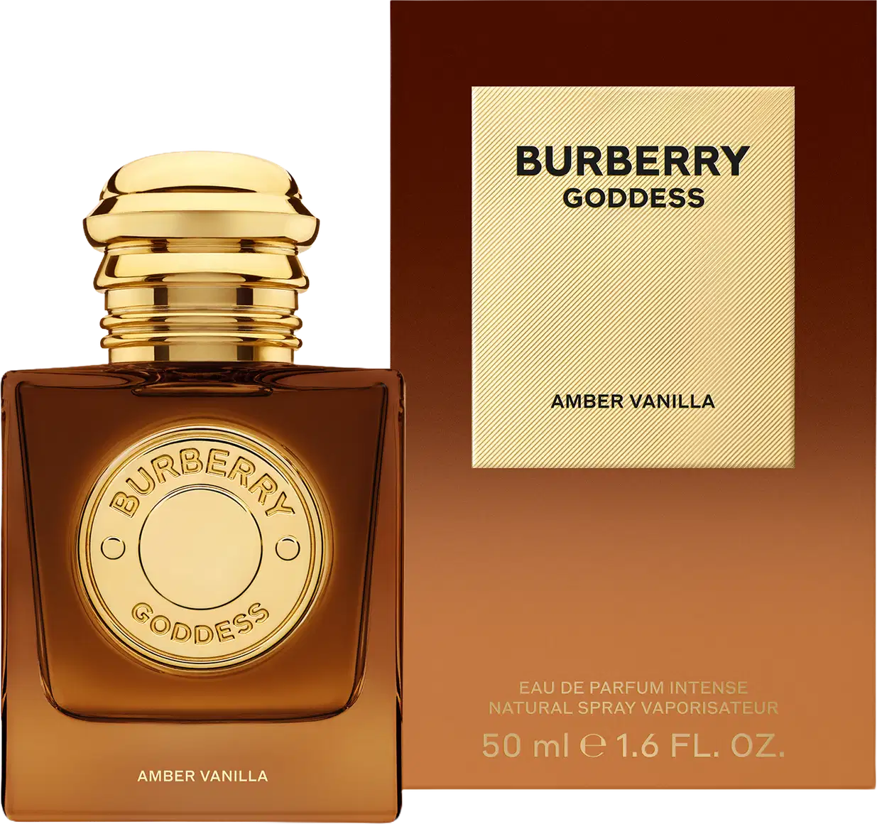 Perfume Burberry Goddess Amber Vanilla em frasco quadrado âmbar com tampa dourada. Rótulo circular dourado com inscrição "Burberry Goddess" e texto "Amber Vanilla" na base. Design luxuoso e elegante.