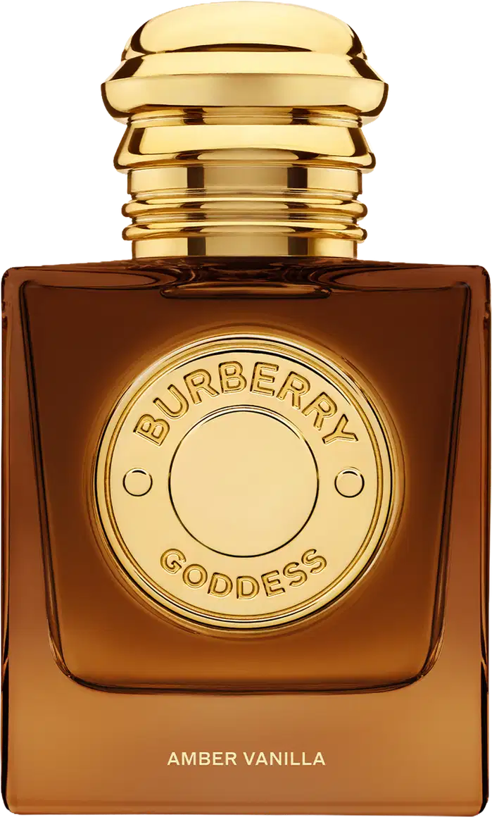 Perfume Burberry Goddess Amber Vanilla em frasco quadrado âmbar com tampa dourada. Rótulo circular dourado com inscrição "Burberry Goddess" e texto "Amber Vanilla" na base. Design luxuoso e elegante.