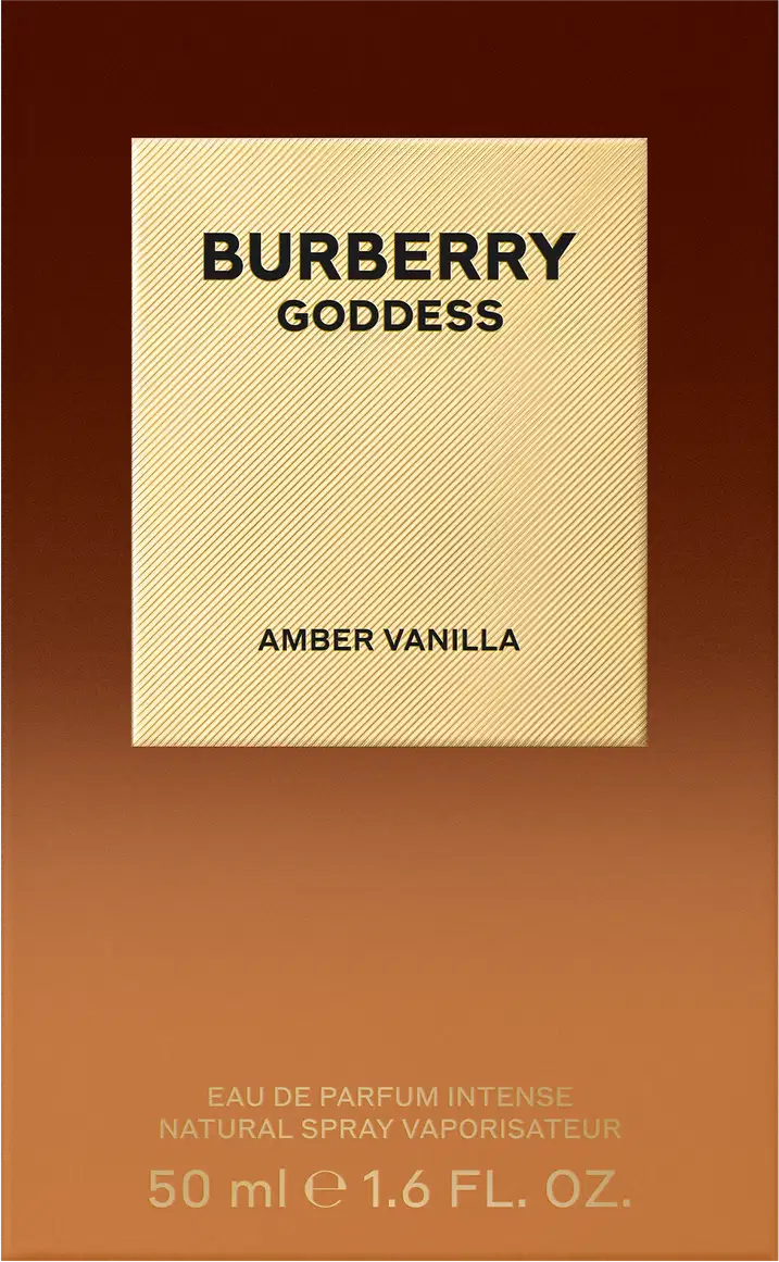 Perfume Burberry Goddess Amber Vanilla em frasco quadrado âmbar com tampa dourada. Rótulo circular dourado com inscrição "Burberry Goddess" e texto "Amber Vanilla" na base. Design luxuoso e elegante.