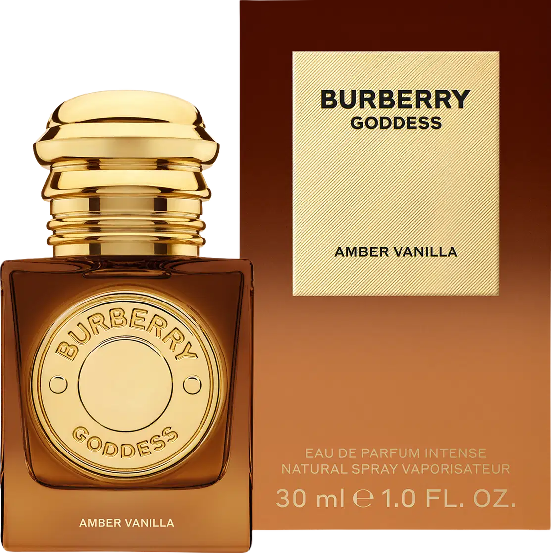 Perfume Burberry Goddess Amber Vanilla em frasco quadrado âmbar com tampa dourada. Rótulo circular dourado com inscrição "Burberry Goddess" e texto "Amber Vanilla" na base. Design luxuoso e elegante.