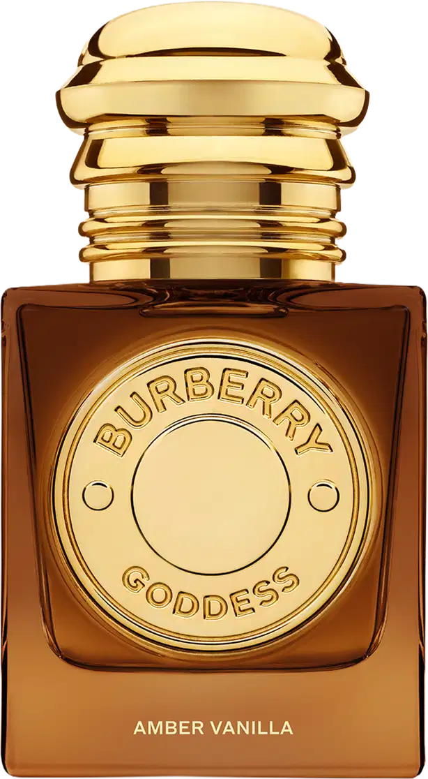 Perfume Burberry Goddess Amber Vanilla em frasco quadrado âmbar com tampa dourada. Rótulo circular dourado com inscrição "Burberry Goddess" e texto "Amber Vanilla" na base. Design luxuoso e elegante.