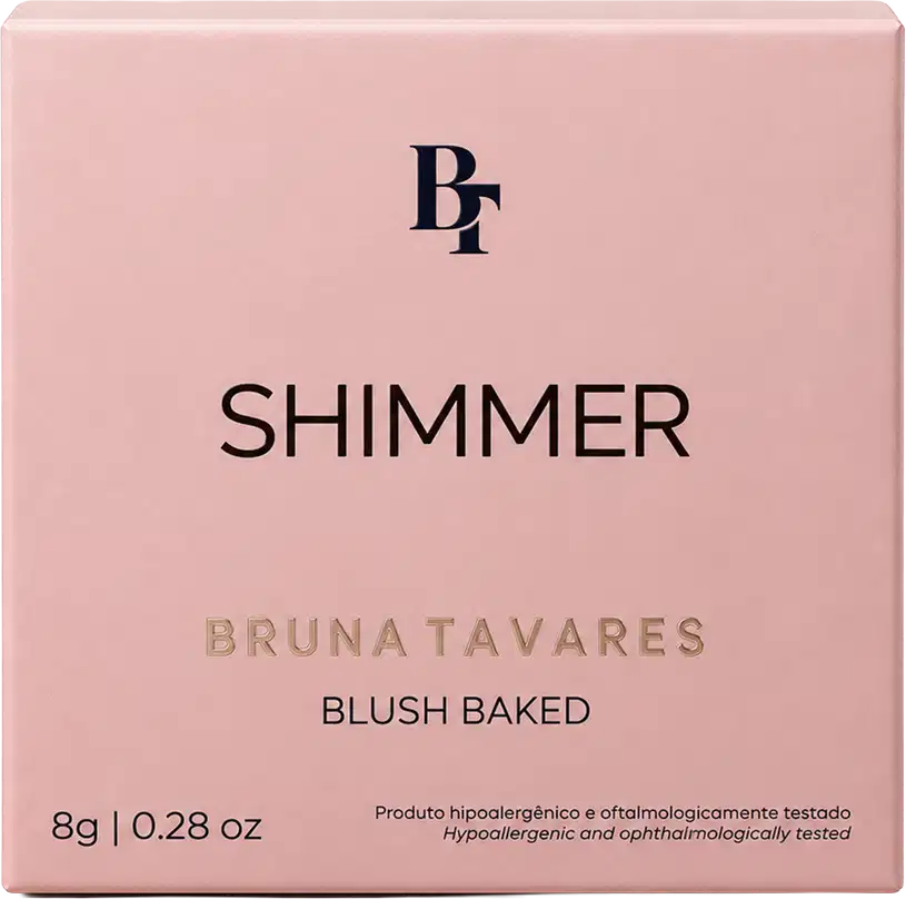 Blush baked Shimmer Bruna Tavares em embalagem quadrada rosa claro com logo BF no topo, 8g, 0.28 oz.
