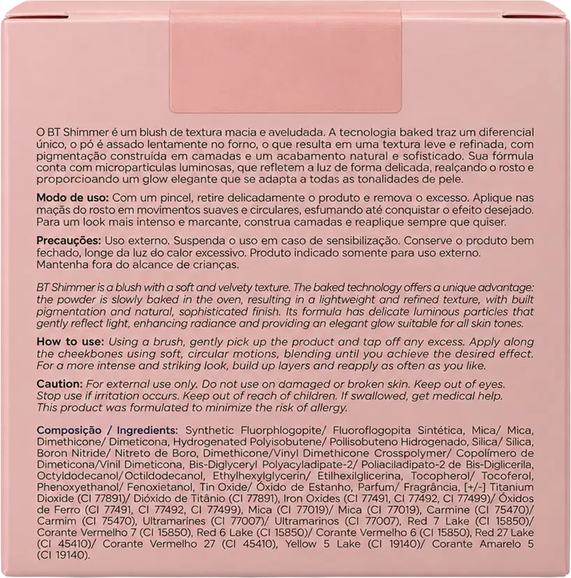 Embalagem rosa de blush Shimmer BT com texto descritivo em português e inglês sobre modo de uso, precauções e ingredientes na parte traseira do produto.