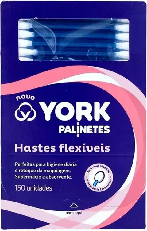 Caixa azul contendo 150 unidades de hastes flexíveis da marca York, destinadas à higiene diária e retoque da maquiagem. Produto com design moderno e informações sobre suas características na embalagem.