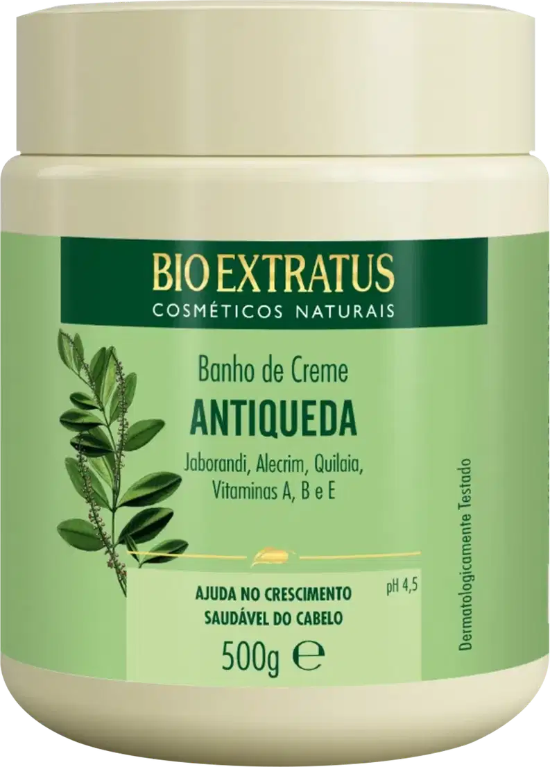 Pote de creme de banho da marca Bio Extratus, com rótulo verde e branco, contendo 500g do produto "Banho de Creme Antiqueda" com ingredientes naturais como Jaborandi, Alecrim e Vitaminas.