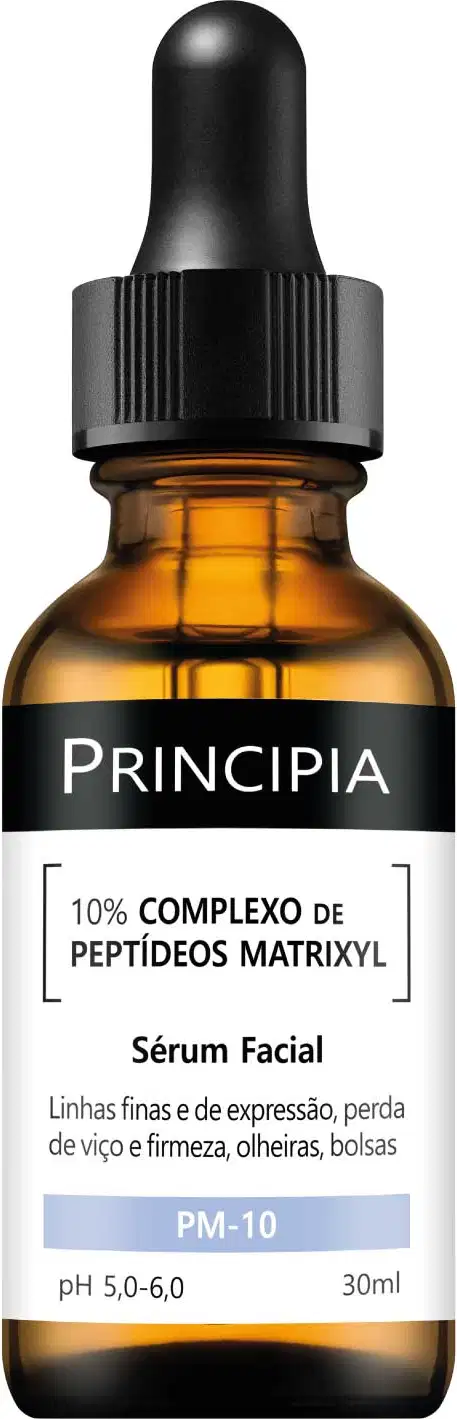 Frasco de vidro âmbar com conta-gotas preto contendo sérum facial Principia com 10% de complexo de peptídeos matrixyl. Rótulo preto e branco indica pH 5,0-6,0 e volume de 30ml.