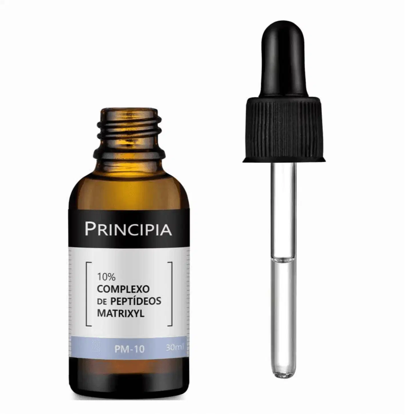 Frasco de vidro âmbar com conta-gotas contendo um líquido dourado. Rótulo branco com o texto "Principia" e "10% Complexo de Peptídeos Matrixyl PM-10 30ml". Embalagem de plástico preto fosco com detalhes texturizados na parte inferior.