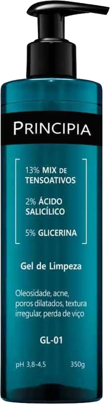 Gel de limpeza Principia em embalagem preta e azul com informações sobre sua composição, incluindo 13% de mix de tensoativos, 2% de ácido salicílico e 5% de glicerina, para tratar oleosidade, acne e poros dilatados.