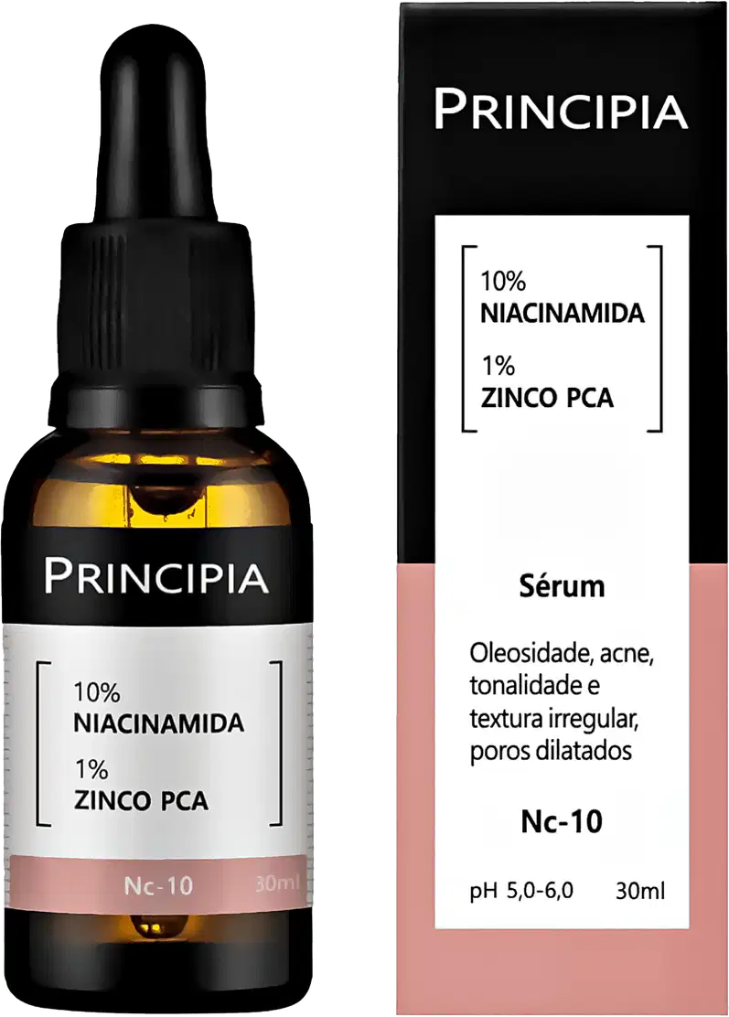 Produto de beleza em frasco conta-gotas âmbar de 30ml. Embalagem plástica preta com rótulo branco indicando "10% NIACINAMIDA 1% ZINCO PCA" e a marca Principia. Conta-gotas preto na parte superior do frasco.