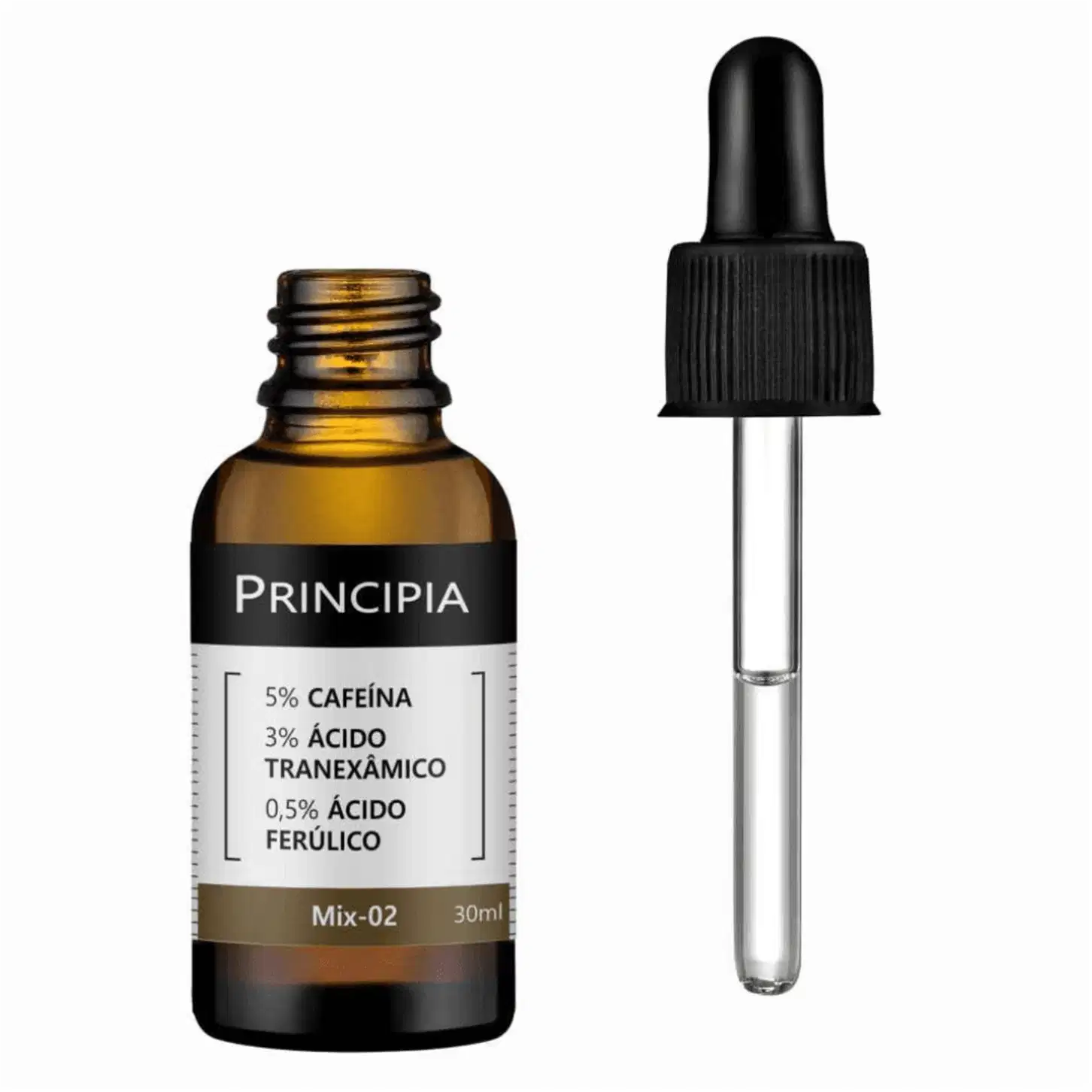 Frasco âmbar de vidro com conta-gotas preto contendo um líquido dourado. Rótulo branco com o texto "Principia 5% Cafeína 3% Ácido Tranexâmico 0,5% Ácido Ferúlico Mix-02 30ml".