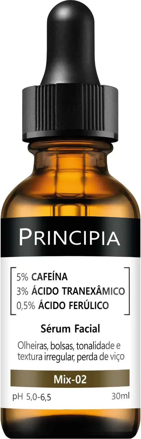 Frasco de soro facial da marca Principia, com 30ml de volume, contendo 5% de cafeína, 3% de ácido tranexâmico e 0,5% de ácido ferúlico. Rótulo preto e laranja destaca os principais ingredientes e benefícios do produto.