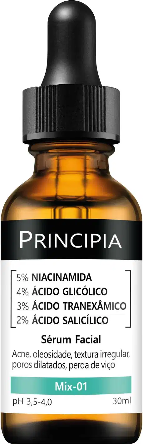 Frasco de vidro âmbar com conta-gotas preto contendo sérum facial Principia, com rótulo indicando ingredientes ativos como niacinamida, ácido glicólico, ácido tranexâmico e ácido salicílico, para tratamento de acne, oleosidade e textura irregular da pele.