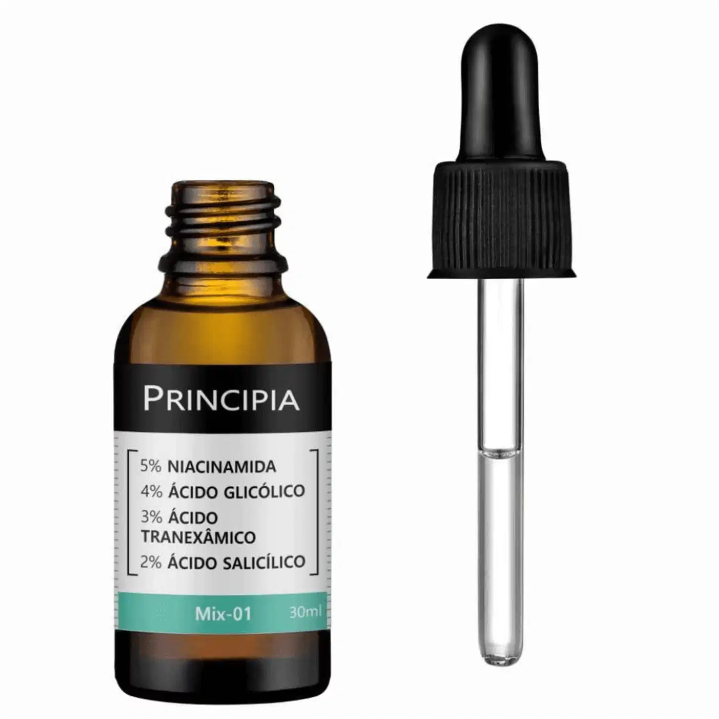 Frasco de vidro preto com rótulo "Principia". Destaque ao conta-gotas.