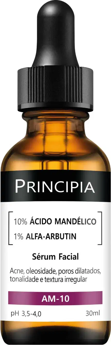 Frasco de vidro âmbar com conta-gotas preto contendo sérum facial da marca Principia, com rótulo indicando 10% de ácido mandélico e 1% de alfa-arbutina, para tratamento de acne, oleosidade e poros dilatados.