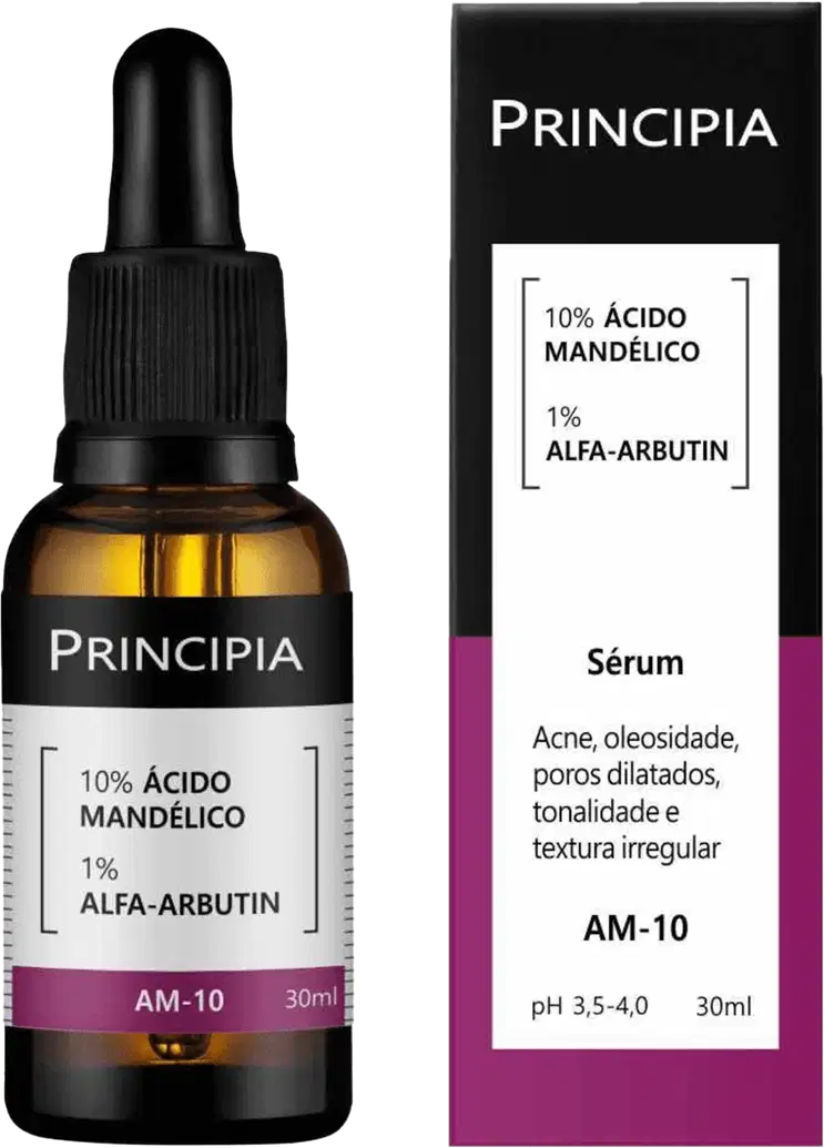 Produto de tratamento facial em frasco de vidro âmbar com conta-gotas. Embalagem plástica preta com o rótulo "Principia" e detalhes do conteúdo: "10% Ácido Mandélico, 1% Alfa-Arbutina".