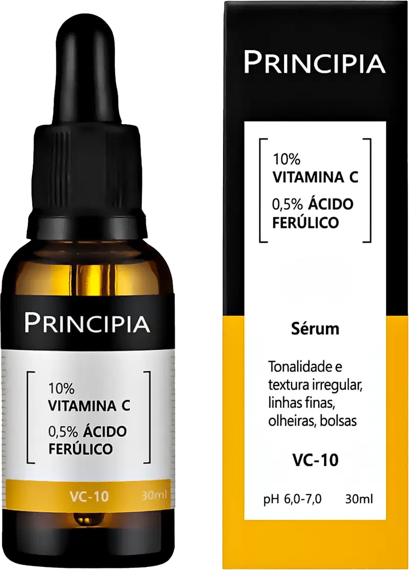 Frasco de vidro preto com conta-gotas e caixa de papelão preta e amarela. Rótulo indica que o produto é um sérum da marca Principia, com 10% de vitamina C e 0,5% de ácido ferúlico.