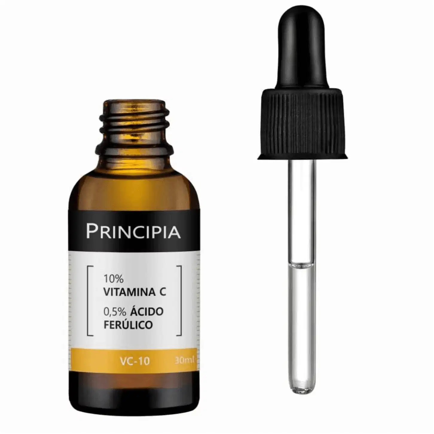 Produto de cuidado da pele Principia. Frasco âmbar de vidro com rótulo preto e branco. Acompanha aplicador de plástico preto com ponta de borracha para aplicação do produto. Embalagem simples e minimalista, com foco nos ingredientes ativos.