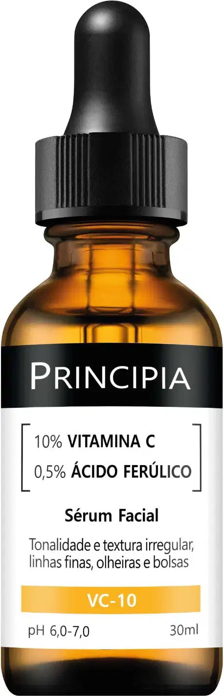 Frasco de vidro âmbar com conta-gotas preto contendo sérum facial da marca Principia.