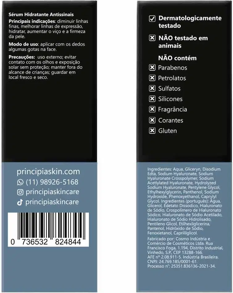 Frasco de sérum hidratante antienvelhecimento com informações sobre ingredientes e advertências em português. 