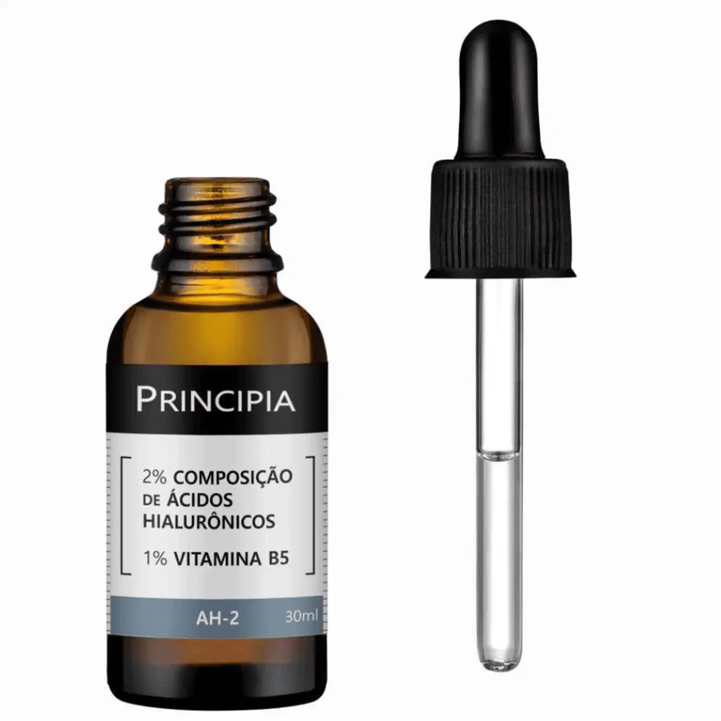 Produto de tratamento facial em frasco conta-gotas âmbar de 30ml. Embalagem plástica preta com rótulo branco indicando "2% Composição de Ácidos Hialurônicos, 1% Vitamina B5".