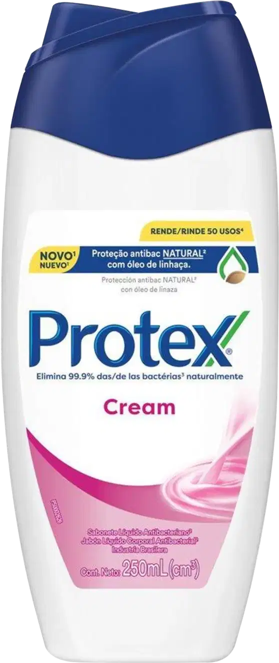Frasco de creme Protex com embalagem branca e azul, destacando a proteção antibacteriana natural com óleo de linhaça. O rótulo apresenta o nome da marca "Protex" em destaque.