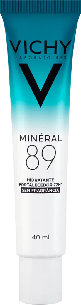 Tubo de creme hidratante Vichy Mineral 89, com embalagem em tons de azul e branco, contendo 40 ml do produto. O rótulo destaca o nome "Mineral 89" e a informação "Hidratante fortalecedor 72h sem fragância".