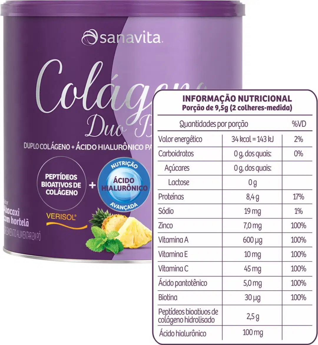 Lata roxa da marca Sanavita contendo suplemento alimentar Colágeno Duo, com informações nutricionais e ingredientes como peptídeos bioativos de colágeno e ácido hialurônico.