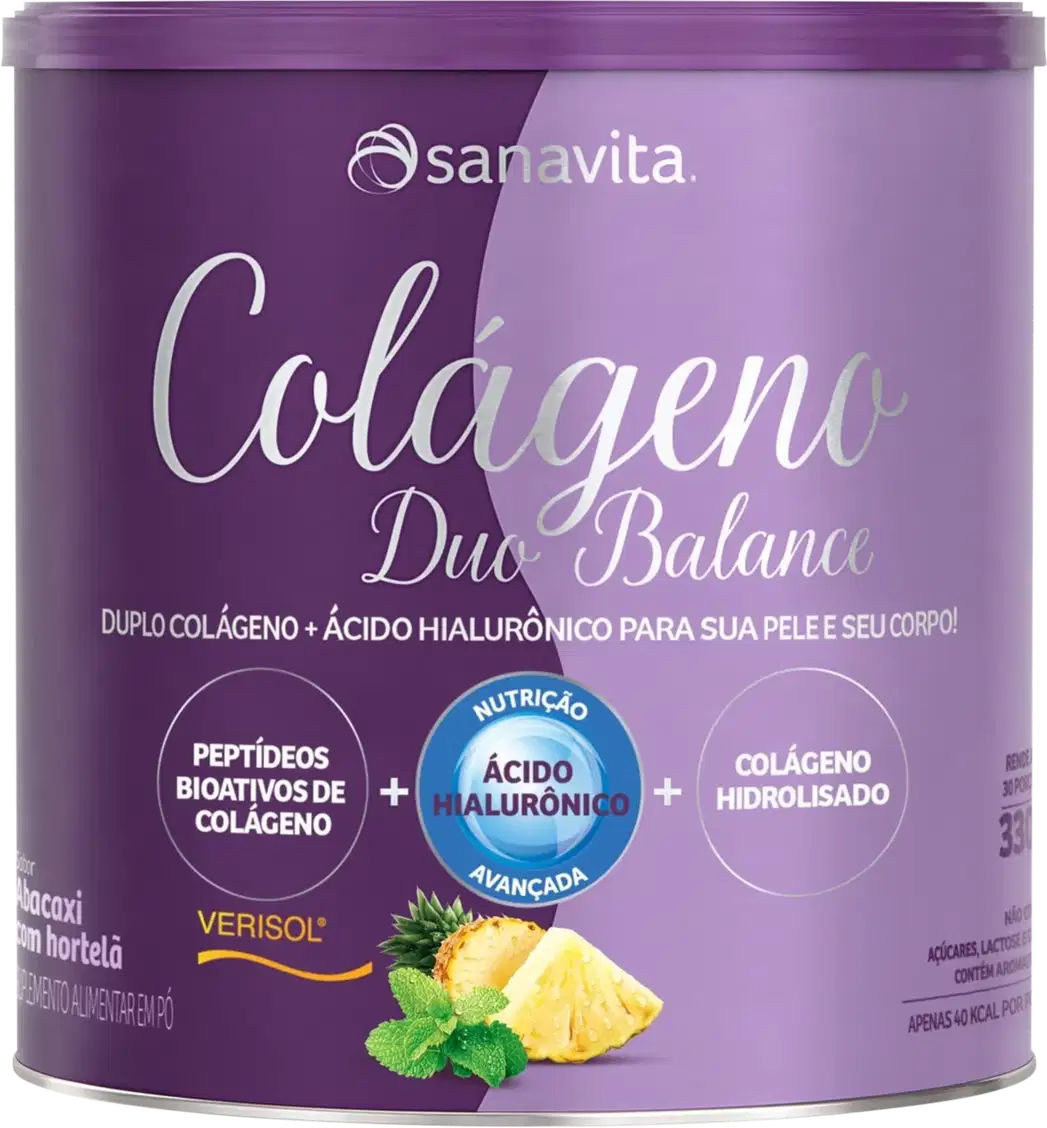 Lata roxa da marca Sanavita contendo o produto "Colágeno Duo Balance", com informações sobre os ingredientes de colágeno hidrolisado e ácido hialurônico.