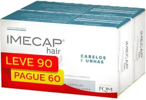 Caixa branca com rótulo "Imecap hair" em vermelho e azul, contendo cápsulas para cabelos e unhas. Promoção "Leve 90, pague 60" destacada na embalagem.