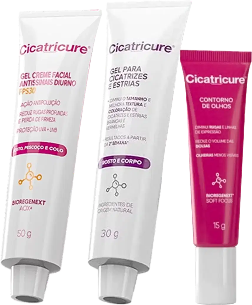 Três produtos da marca Cicatricure: um gel creme facial antissinais diurno, um gel para cicatrizes e estrias, e um contorno de olhos.