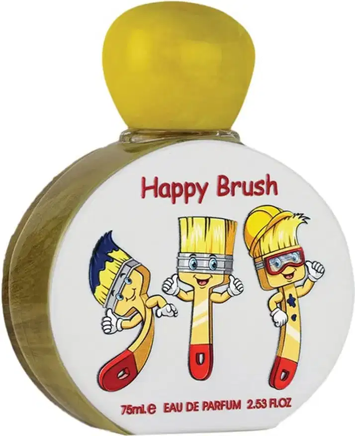 Frasco de perfume com tampa amarela, rótulo branco com ilustrações coloridas e texto "Happy Brush", contendo 75ml de eau de parfum.