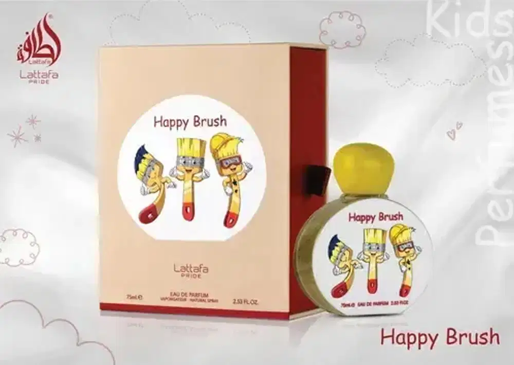 Frasco de perfume com tampa amarela, rótulo branco com ilustrações coloridas e texto "Happy Brush", contendo 75ml de eau de parfum.