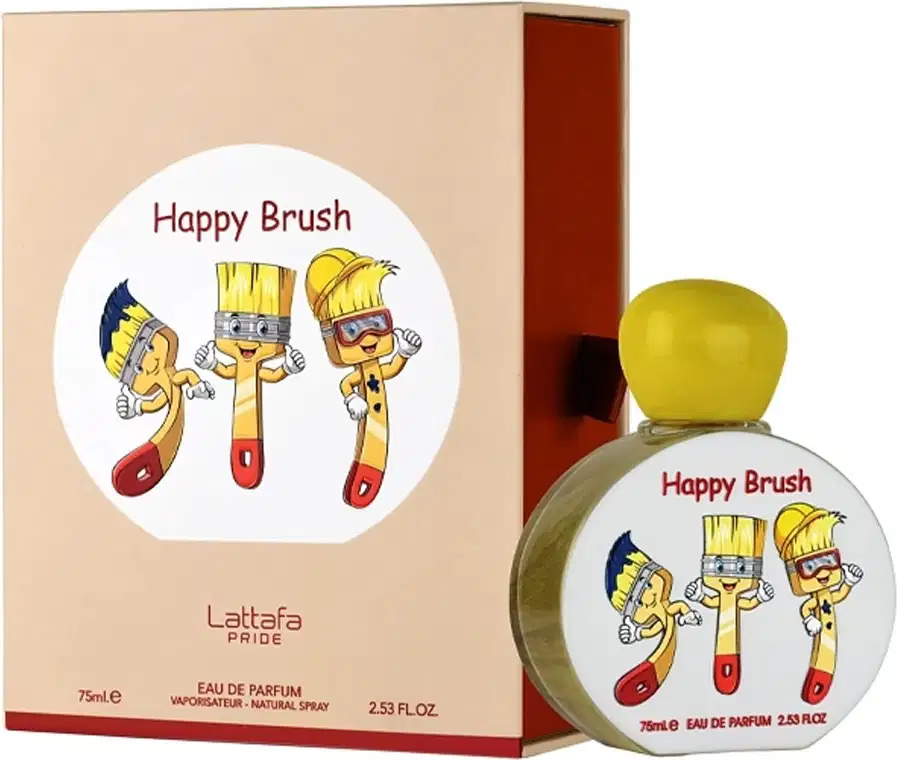 Frasco de perfume com tampa amarela, rótulo branco com ilustrações coloridas e texto "Happy Brush", contendo 75ml de eau de parfum.
