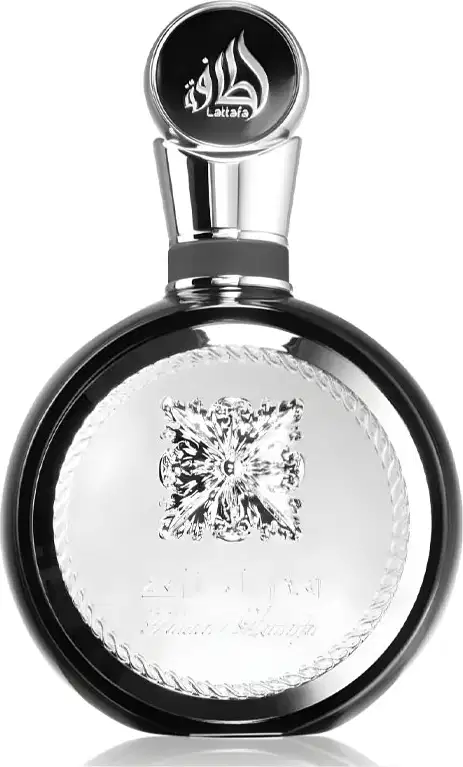 Frasco de perfume Lattafa com design elegante e moderno. Recipiente de vidro transparente com tampa preta e logotipo da marca em destaque. Embalagem com acabamento refinado e detalhes decorativos.