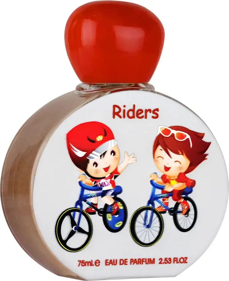 Frasco de perfume Riders da Lattafa Perfumes, com embalagem redonda branca e tampa vermelha em formato de balão. O rótulo apresenta ilustrações de duas crianças em bicicletas, com o nome "Riders" escrito em vermelho.