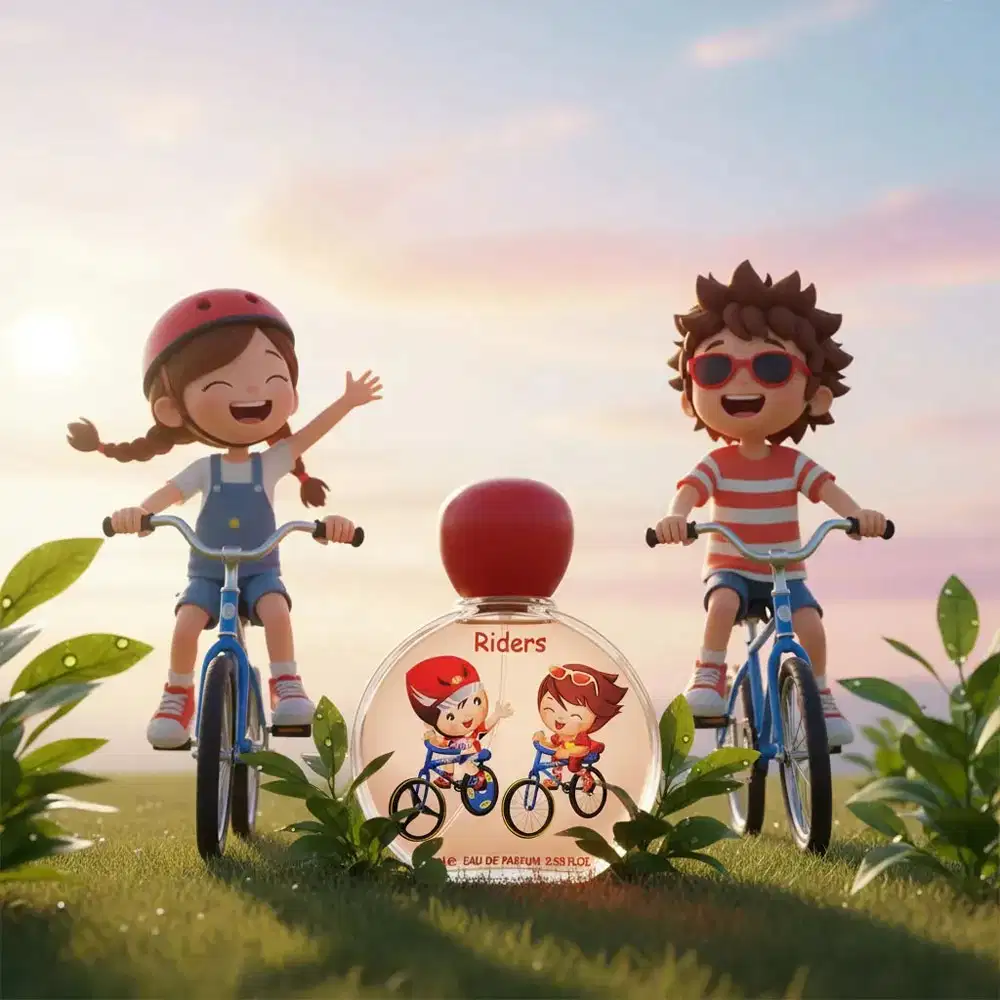 Frasco de perfume Riders da Lattafa Perfumes, com embalagem redonda branca e tampa vermelha em formato de balão. O rótulo apresenta ilustrações de duas crianças em bicicletas, com o nome "Riders" escrito em vermelho.