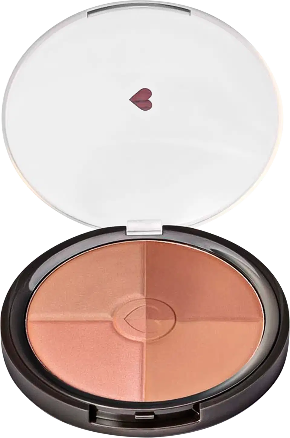 Pó compacto facial multiefeitos Bronze com quatro cores em tons rosados em estojo redondo preto com tampa transparente e coração ilustrado na tampa.
